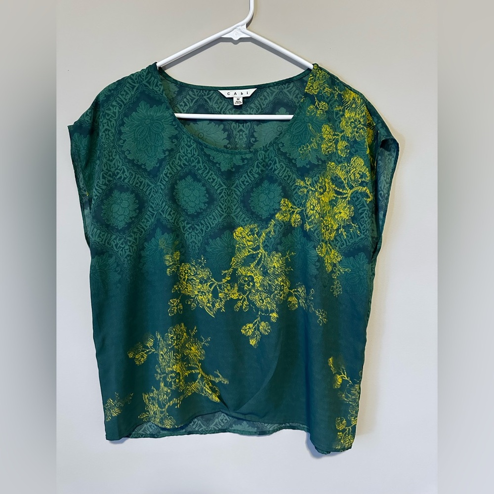 CAbi Teal and Mustard Floral Blouse